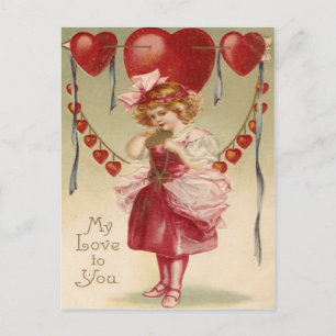 Retro-Mädchen mit Herzen und Pfeilen Valentinskart Feiertagspostkarte