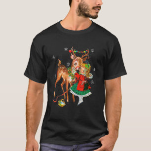 Retro-Mädchen mit Hirsch Retro-50er-Weihnachts-T-S T-Shirt