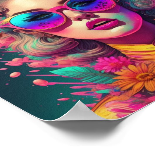 Retro-Mädchen mit Sonnenbrille und Blume Poster (Ecke)