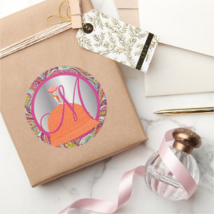 Retro-Mädchen Orange Reifrock Paisley Monogramm Runder Aufkleber