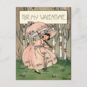 Retro-Mädchen pflückt Gänseblümchen Valentinskarte Feiertagspostkarte
