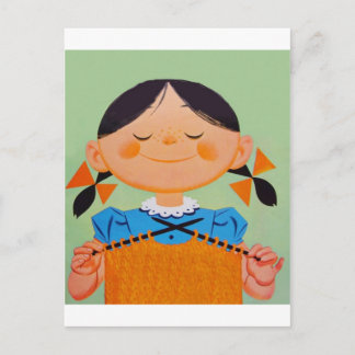 Retro-Mädchen strickt Postkarte