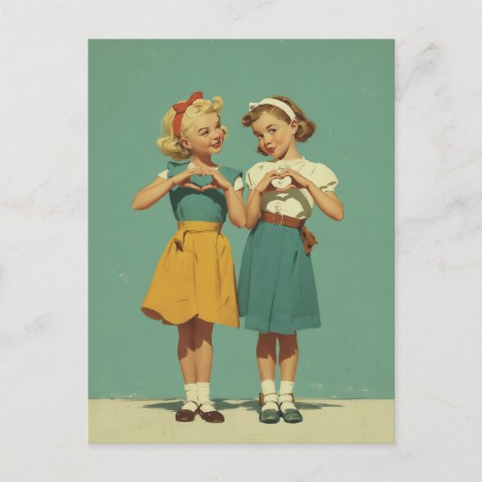 Retro-Mädchen teilen herzliche Freude Postkarte (Vorderseite)