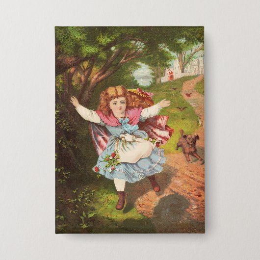 Retro-Mädchen und Hund Lithografie-Illustration Button (Vorderseite)