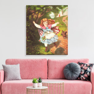 Retro-Mädchen und Hund Lithografie-Illustration Leinwanddruck