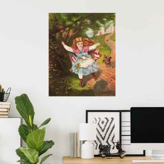 Retro-Mädchen und Hund Lithografie-Illustration Poster (Heimbüro)