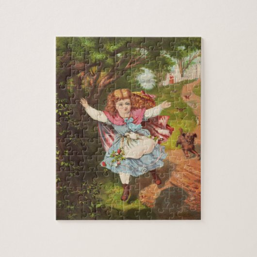 Retro-Mädchen und Hund Lithografie-Illustration Puzzle (Vertikal)