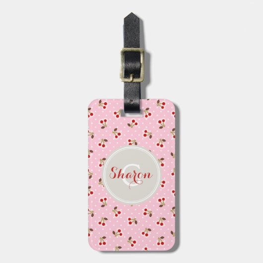 Retro-mädchenhaftes rosa Kirschmuster-Monogramm Gepäckanhänger (Vorderseite vertikal)