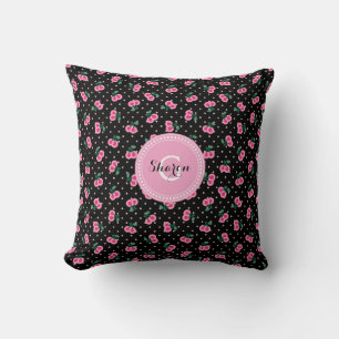 Retro-mädchenhaftes schwarzes rosa Kirschmuster-Mo Kissen