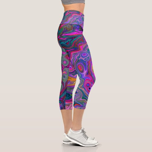 Retro Magenta, Grün und Orange Abstrakter Swirl Capri Leggings (Rechts)