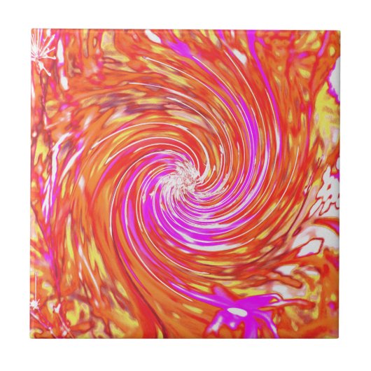 Retro Magenta und Herbstfarben Blumenwirbel Fliese (Vorderseite)
