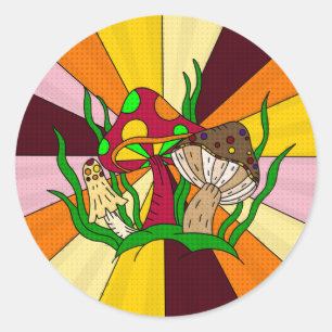 Retro Magic Mushrooms Handgezeichnete Kunst Runder Aufkleber