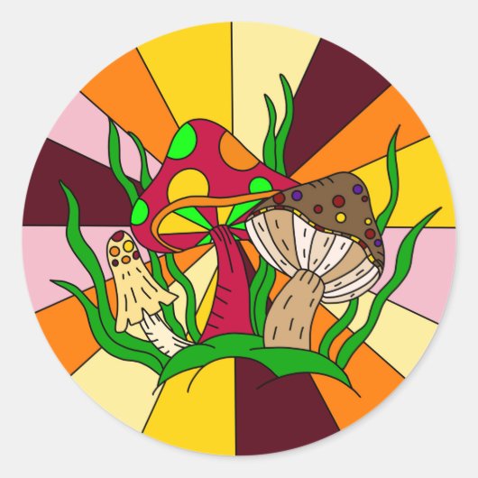 Retro Magic Mushrooms Handgezeichnete Kunst Runder Aufkleber (Vorderseite)