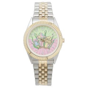 Retro Magic Mushrooms Rosa und Gelb Armbanduhr