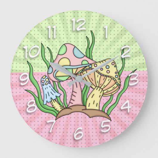 Retro Magic Mushrooms Rosa und Gelb Große Wanduhr (Vorderseite)