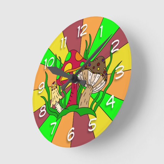 Retro Magic Mushrooms Runde Wanduhr (Winkel)