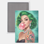 Retro-Magnet mit grünhaariger Bubblegum-Pin-Up-Fra Magnet (Vorderseite/Rückseite)