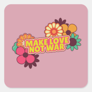 Retro Make Love Not War Rosa Hintergrund Blumen Quadratischer Aufkleber