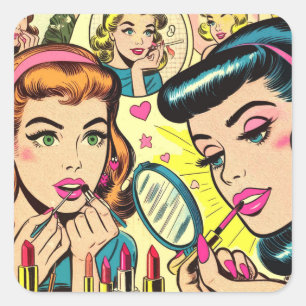 Retro-Makeup-Girls-Comics Quadratischer Aufkleber