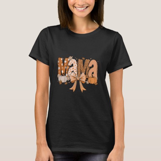 Retro-Mama Coquette-Bögen Leopard-Mama Fall Thanks T-Shirt (Vorderseite)