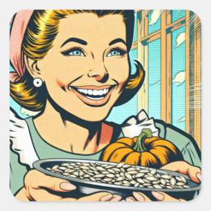 Retro-Mama mit Tablett Kürbiskerne Halloween Quadratischer Aufkleber