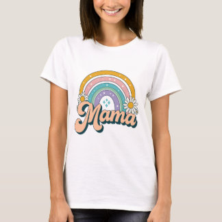 Retro Mama Rainbow | Groovy 70s Pastel Floral Mom T-Shirt