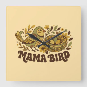Retro-Mama-Vogel-Kunst – Vintage-Naturillustration Quadratische Wanduhr