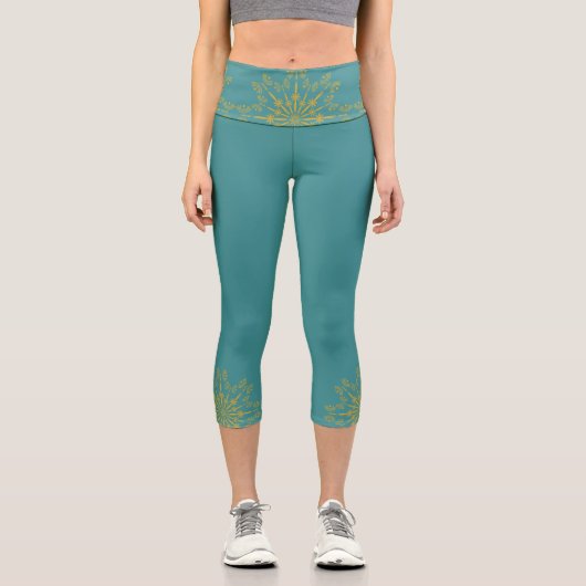 Retro Mandala Aquamarin Hochwaisted Capris (Vorderseite)
