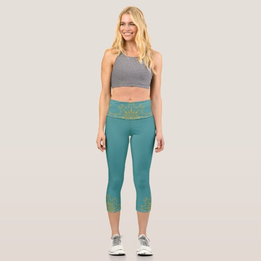 Retro Mandala Aquamarin Hochwaisted Capris (Vorderseite)