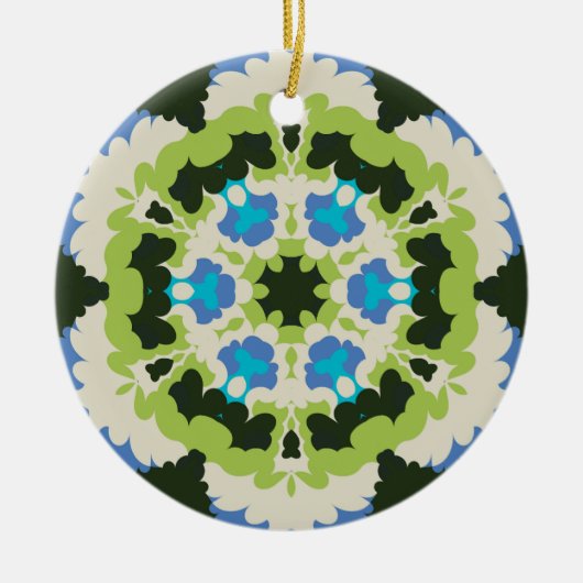 Retro Mandala Blau Grün Weiß und Schwarz Keramik Ornament (Vorne)