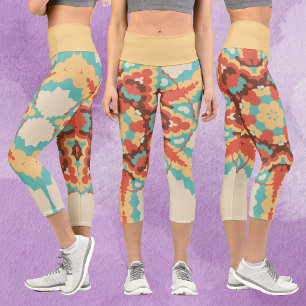 Retro Mandala Blau Rot und Gelb Capri Leggings
