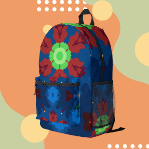 Retro Mandala Blau Rot und Grün Bedruckter Rucksack