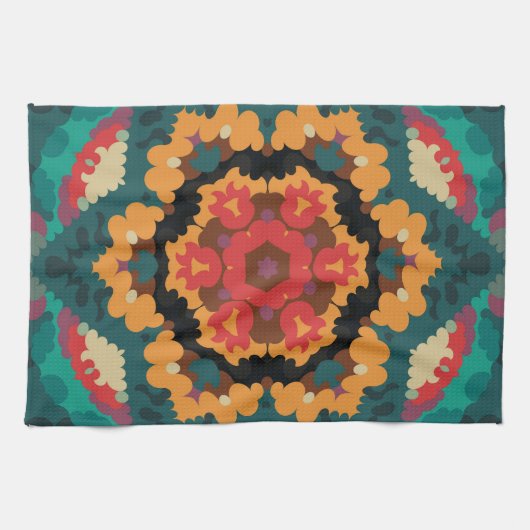 Retro Mandala Blue Orange und Red Geschirrtuch (Horizontal)