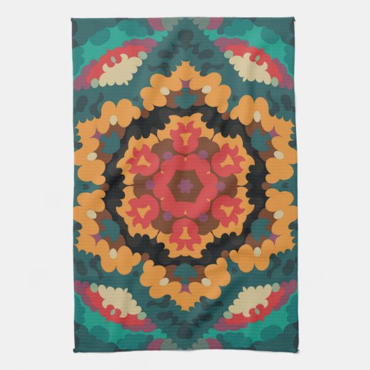 Retro Mandala Blue Orange und Red Geschirrtuch (Vertikal)