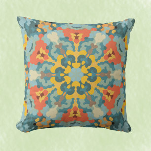Retro Mandala Blue Orange und Yellow Kissen