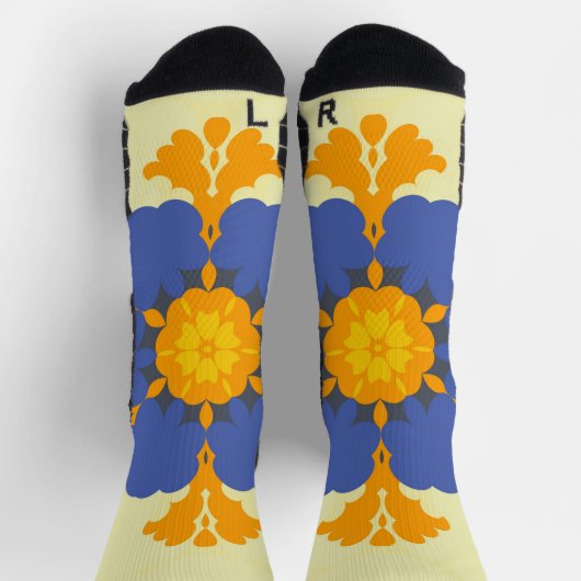 Retro Mandala Blue Orange und Yellow Socken (Oben)