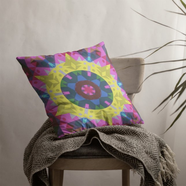 Retro Mandala Blume Blau Gelb und Rosa Kissen (Von Creator hochgeladen)