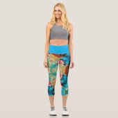 Retro Mandala Blume Blau Grün und Rosa Capri Leggings (Vorderseite)