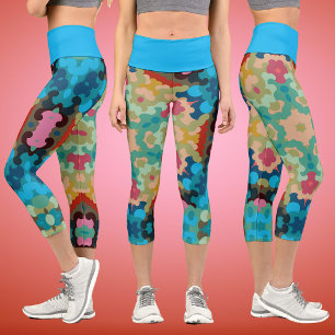 Retro Mandala Blume Blau Grün und Rosa Capri Leggings