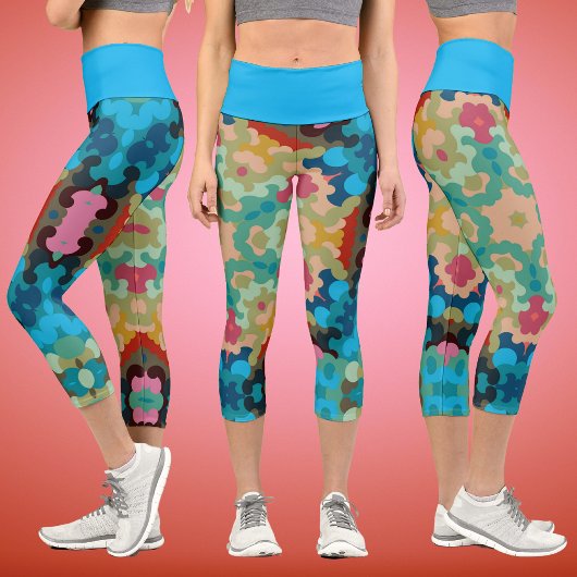 Retro Mandala Blume Blau Grün und Rosa Capri Leggings
