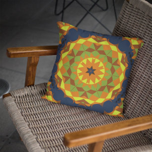 Retro Mandala Blume Blau Orange und Gelb Kissen