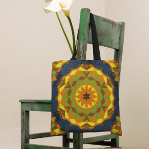 Retro Mandala Blume Blau Orange und Gelb Tasche