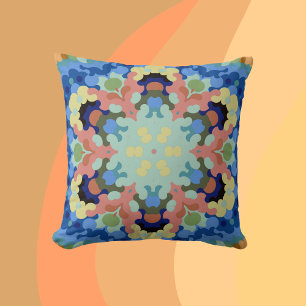 Retro Mandala Blume Blau Rosa und Gelb Kissen