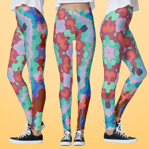 Retro-Mandala-Blume Blau-Rot und Türkis Leggings