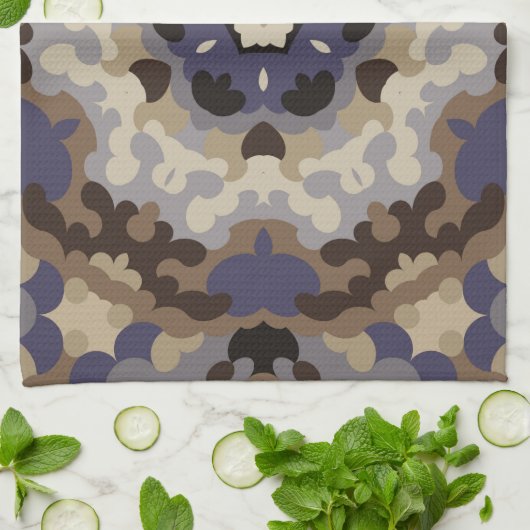 Retro Mandala Blume Blue Tan and Brown Geschirrtuch (Gefaltet)