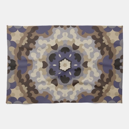 Retro Mandala Blume Blue Tan and Brown Geschirrtuch (Horizontal)