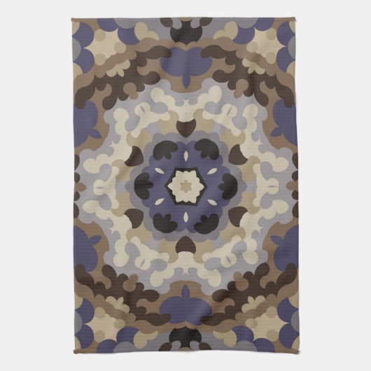 Retro Mandala Blume Blue Tan and Brown Geschirrtuch (Vertikal)