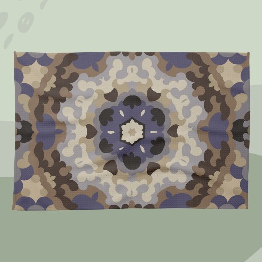 Retro Mandala Blume Blue Tan and Brown Geschirrtuch