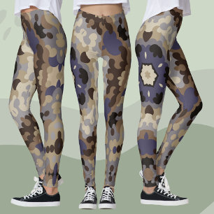 Retro Mandala Blume Blue Tan and Brown Leggings