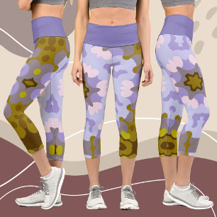Retro Mandala Blume Gelb Blau und Lila Capri Leggings